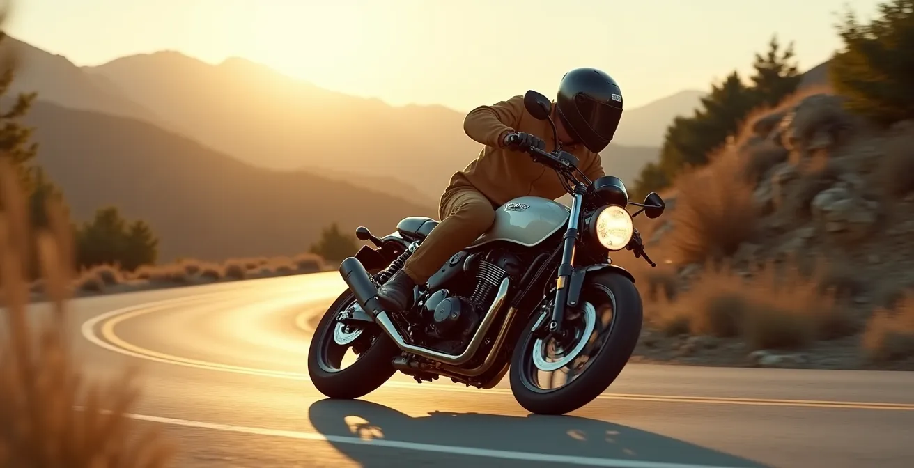 Motorista demostrando la postura inglesa correcta en curva de carretera española