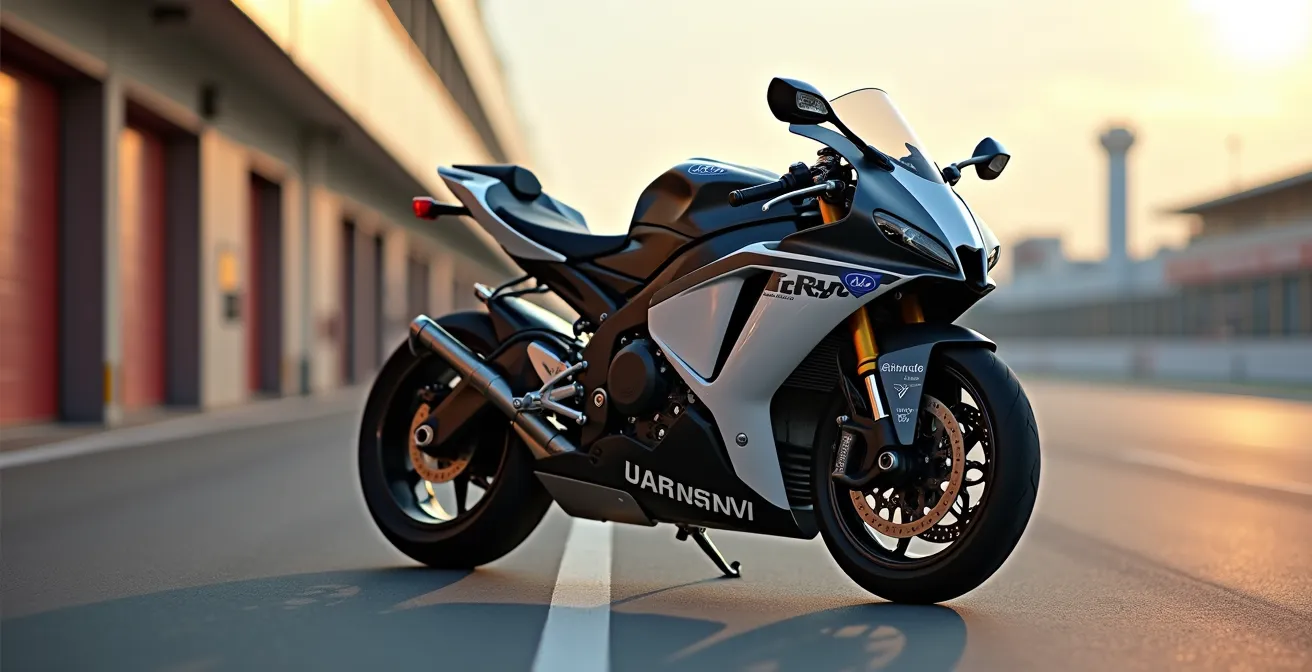 Vista lateral de moto deportiva en paddock con espejos desmontados y faros tapados con cinta, lista para entrar en pista