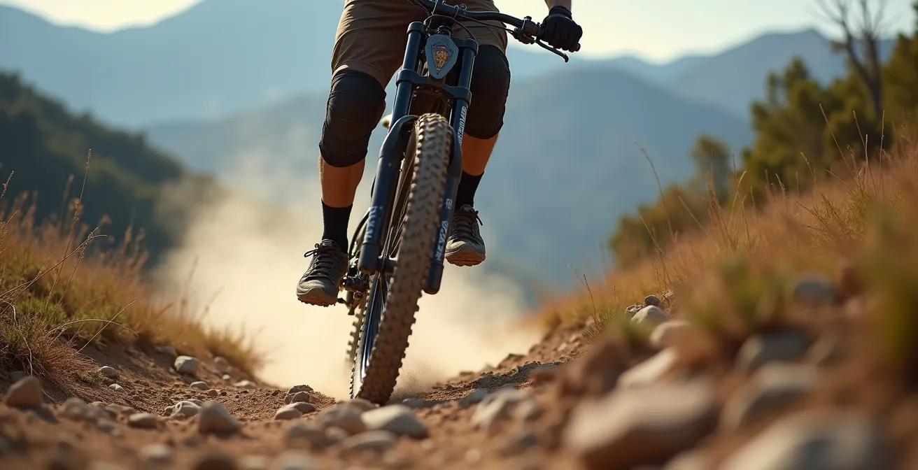 Motorista de trail con rodilleras ortopédicas en terreno montañoso español