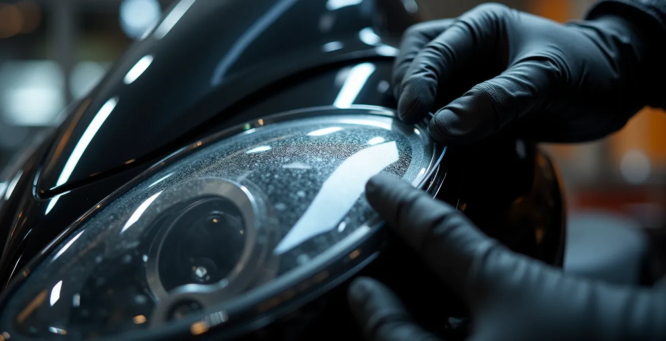 Detalle de instalación de protector transparente en faro de moto naked