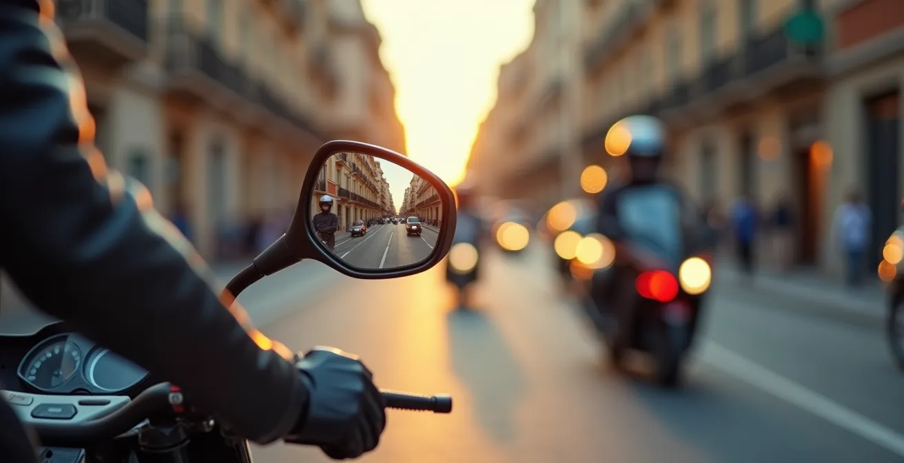 Vista macro del retrovisor de moto mostrando el reflejo del tráfico urbano