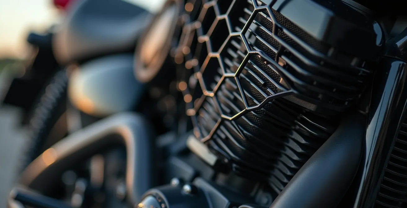 Detalle macro de rejilla protectora de radiador instalada en moto trail