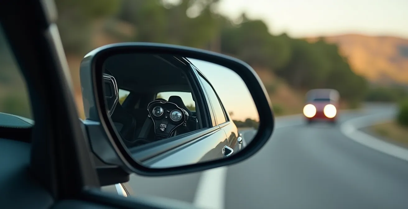 Detalle macro del reflejo de una moto en el espejo retrovisor de un coche durante adelantamiento