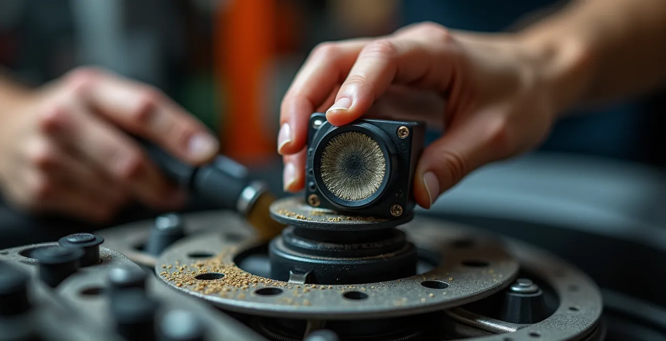 Sensor de velocidad de rueda siendo limpiado con herramientas básicas
