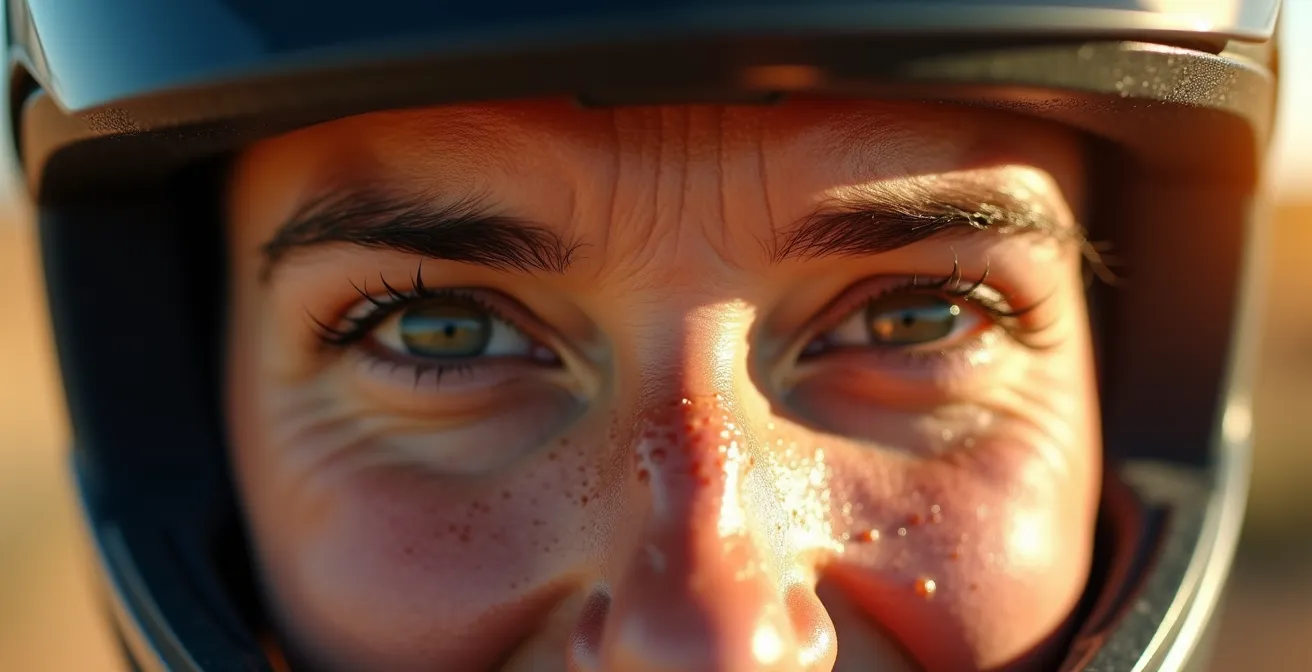Detalle de gotas de sudor en el rostro de un motorista bajo el calor del verano español
