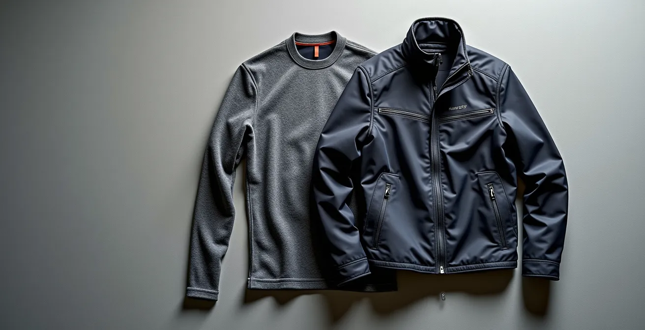 Composición mostrando las tres capas de ropa térmica para motorista dispuestas en secuencia