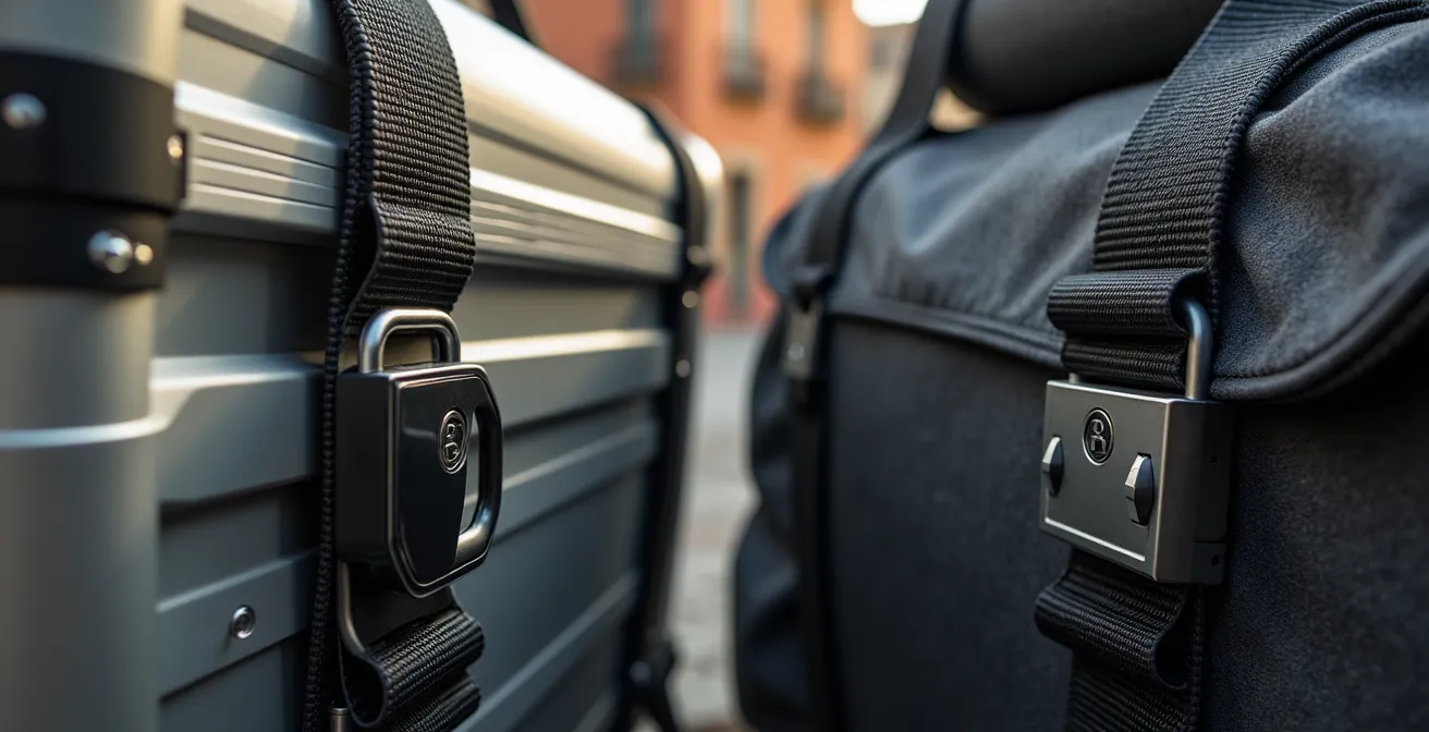 Comparación visual de sistemas de seguridad para maletas de moto en entorno urbano