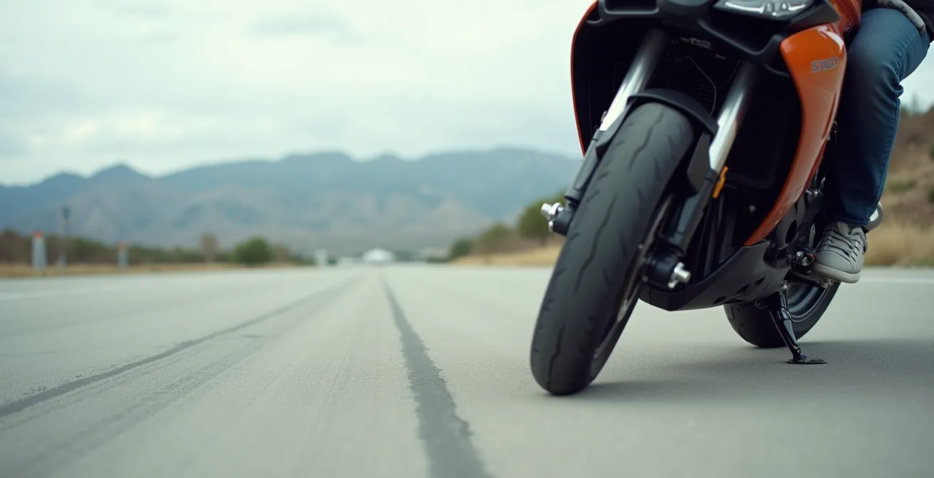 Vista lateral de horquilla de moto mostrando compresión durante frenada intensa