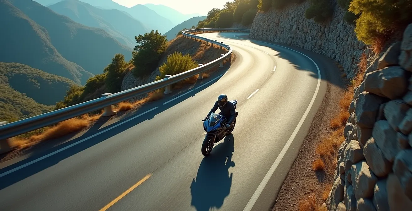 Vista aérea minimalista de moto deportiva trazando línea de vértice tardío en curva de montaña
