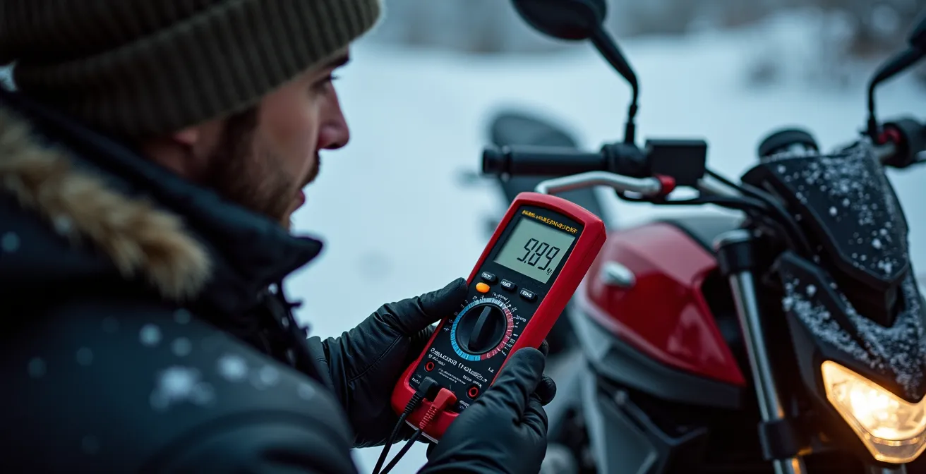 Motorista midiendo el voltaje de la batería con multímetro en ambiente invernal español