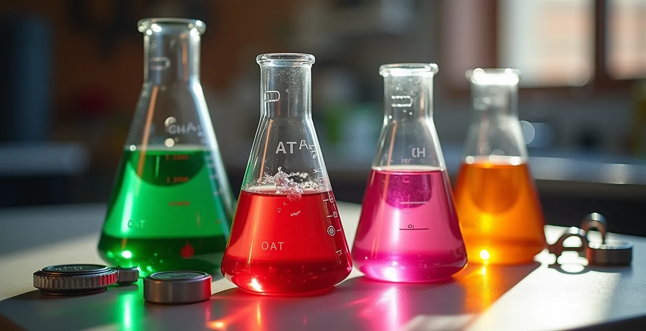 Comparación visual de diferentes tipos de refrigerante mostrando sus colores y texturas características