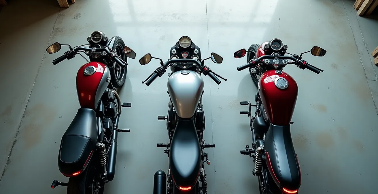 Vista cenital de tres tipos de motos mostrando zonas vulnerables a salpicaduras de líquido de frenos